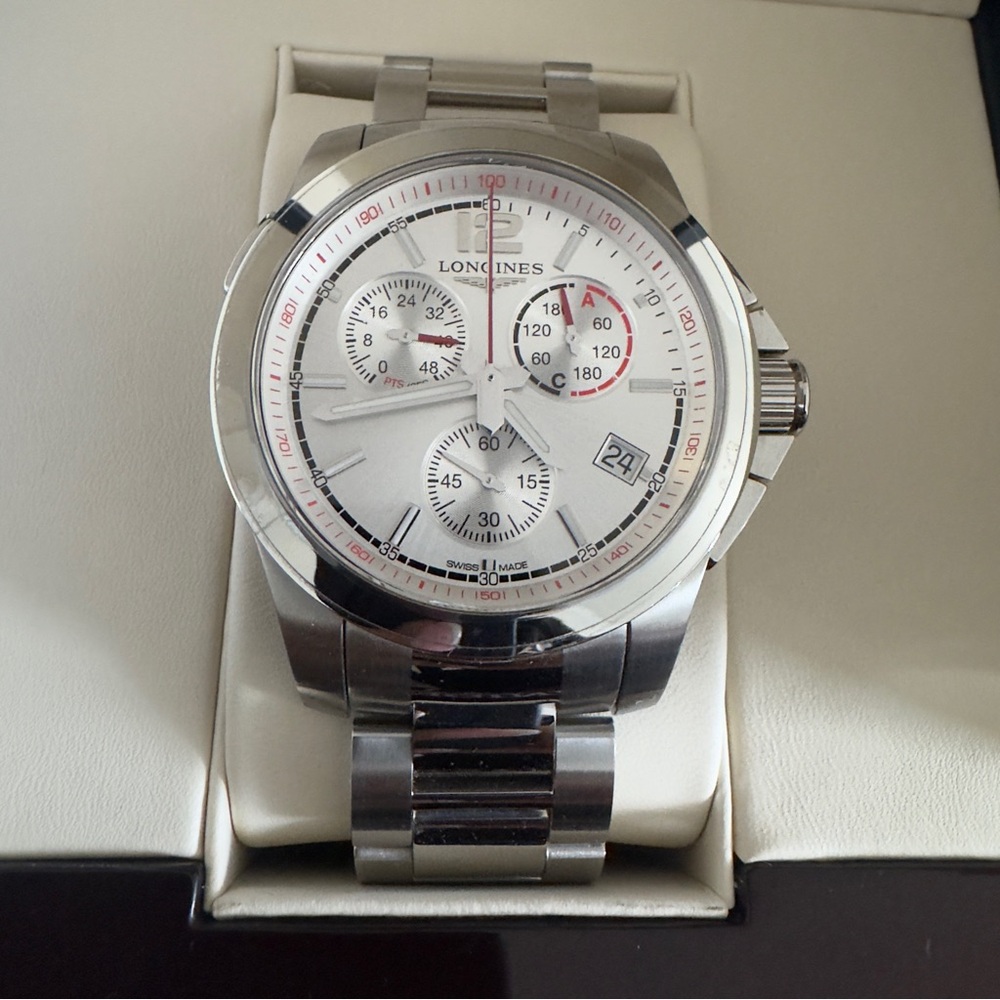 Longines Silver Stainless Steel Chronograph Watch with White Dial